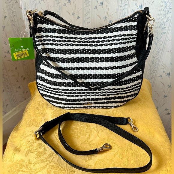Kate Spade Black White Straw Weave and Leather Bag Storybook